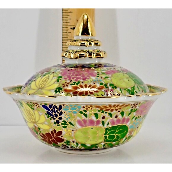 Hand Thai Painted Gold Tone Pottery BENJARONG Porcelain Cup & Lid Cloisonné 4.5" - Picture 11 of 14